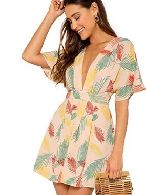 Tropical V-Neck Flutter Sleeve Dress in Pastel Leaf Print